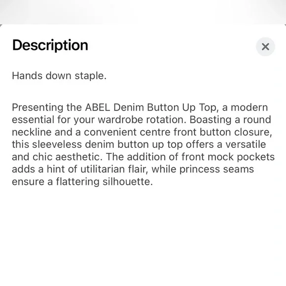 Meshki Abel Denim Dark Blue Button Up Sleeveless Top Sz. M - Picture 8 of 8